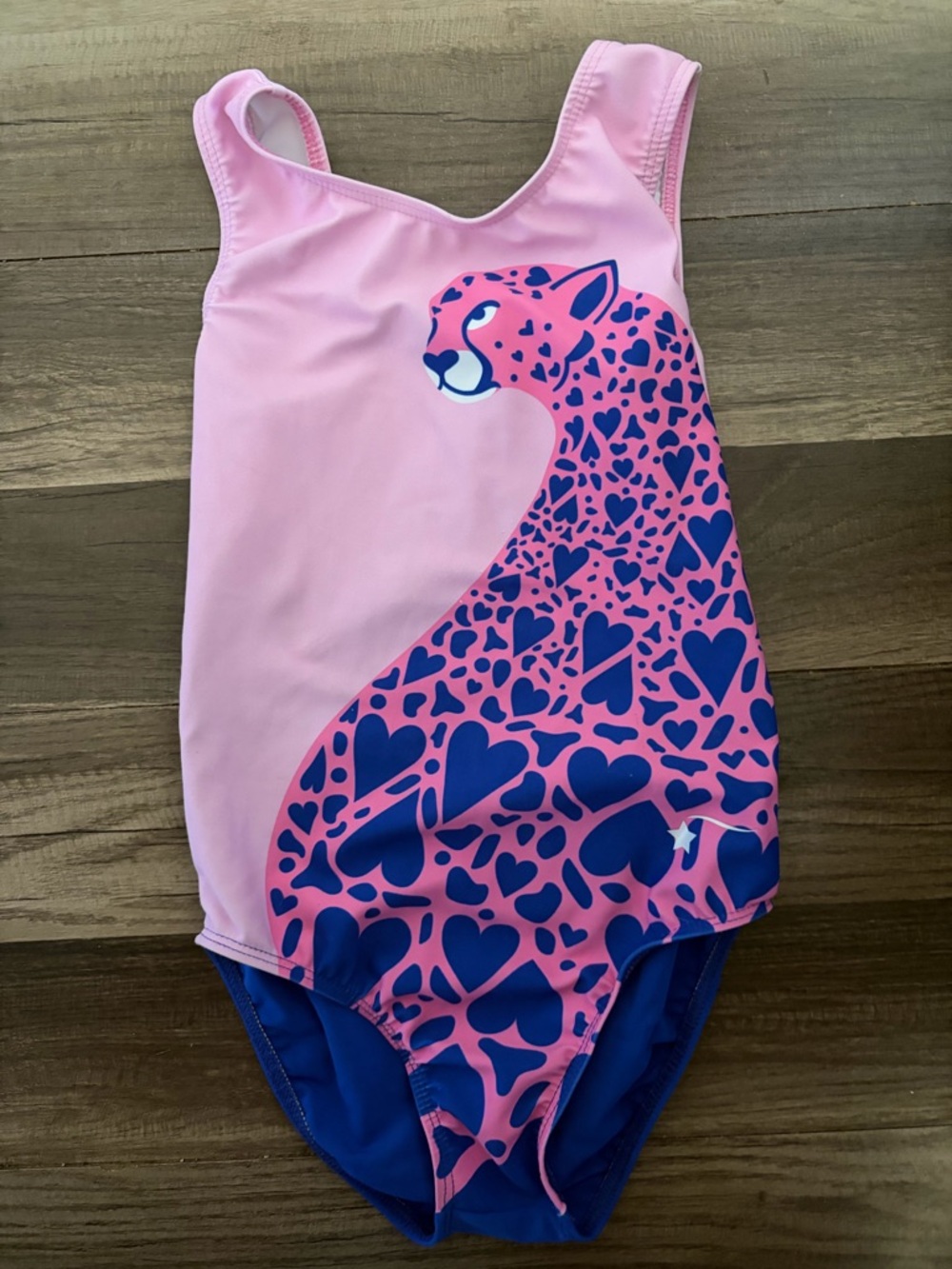 Destira Pink & Blue Heart Leopard gymnastics leotard